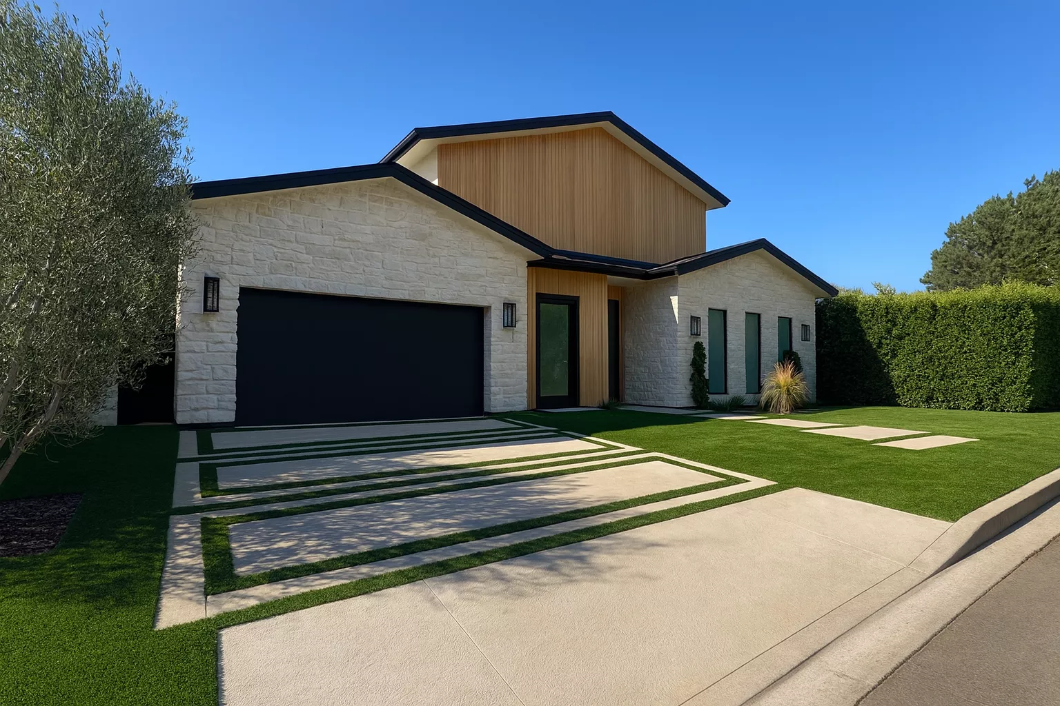 Courtyard with geometric turf and paver grid