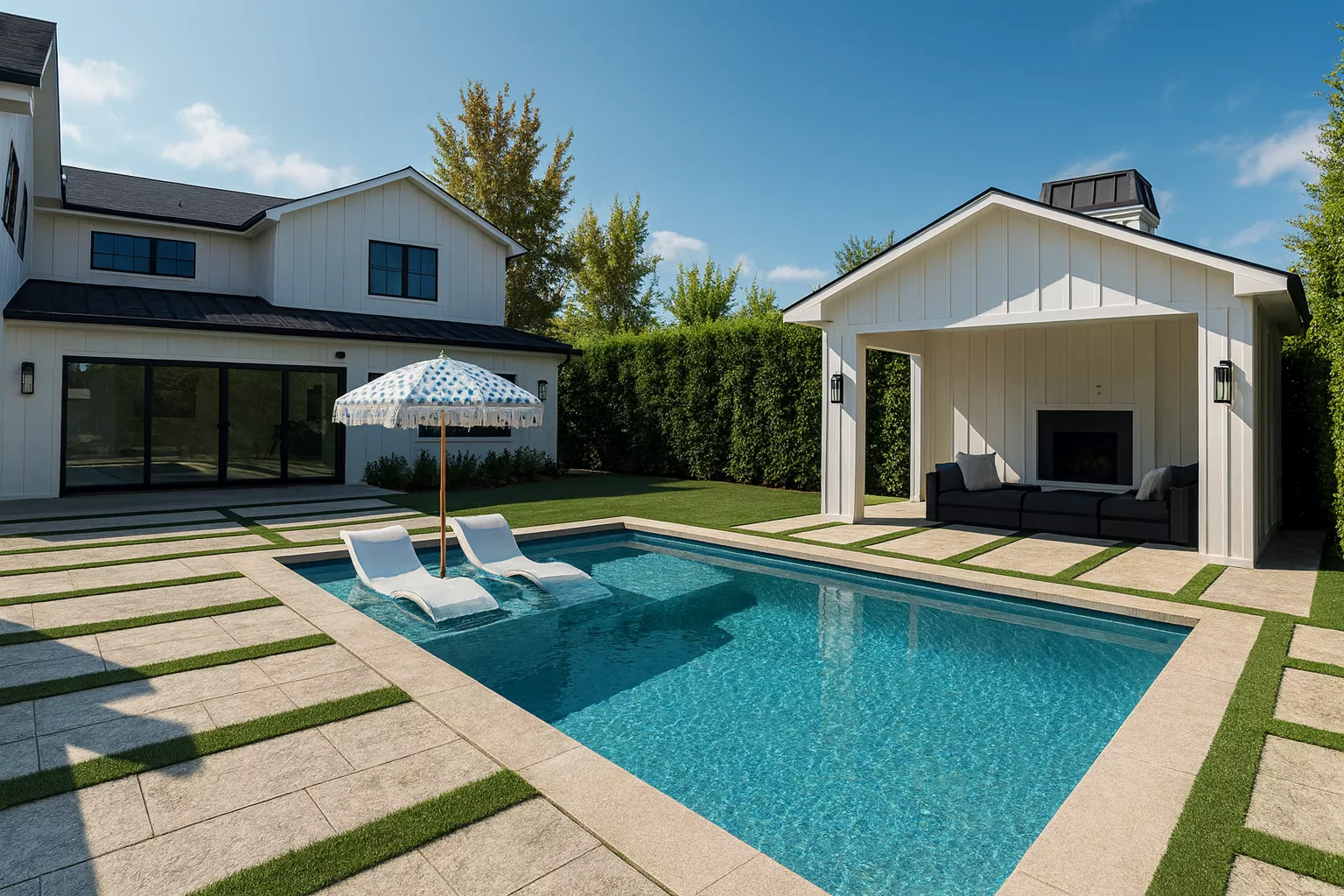 Pool deck with turf between pavers
